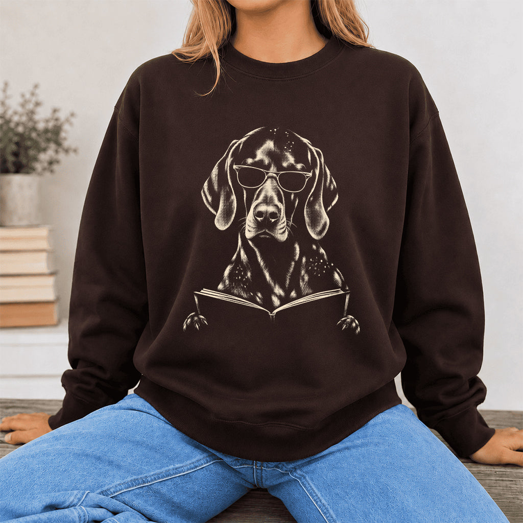 German Shorthaired Pointer Reading Book Crewneck Sweatshirt | Reader Gift Dark Chocolate