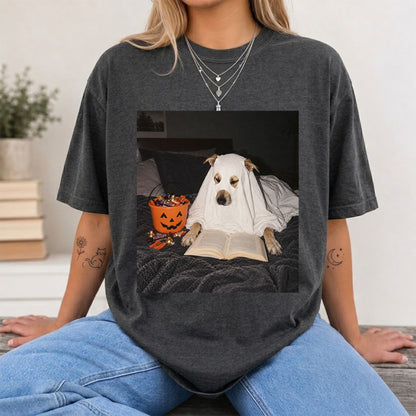 Cute Reading Ghost Dog Printed T-Shirt | Halloween Book Lover Gift Dark Heather