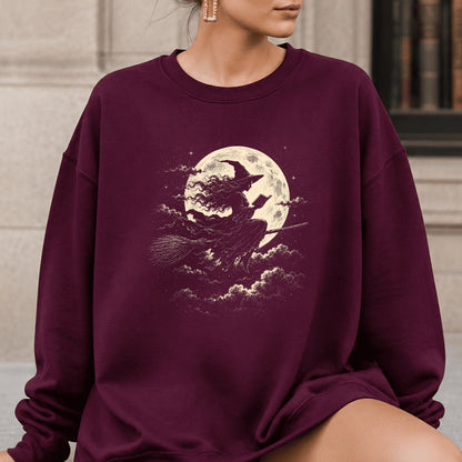 Reading Witch On The Flying Broom Printed Sweatshirt | Halloween Reader Gift Maroon