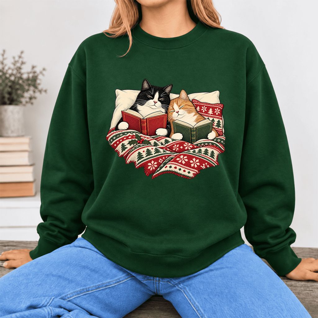 Christmas Reading Cat Couple Softstyle Sweatshirt | Cozy Christmas Gift Forest Green
