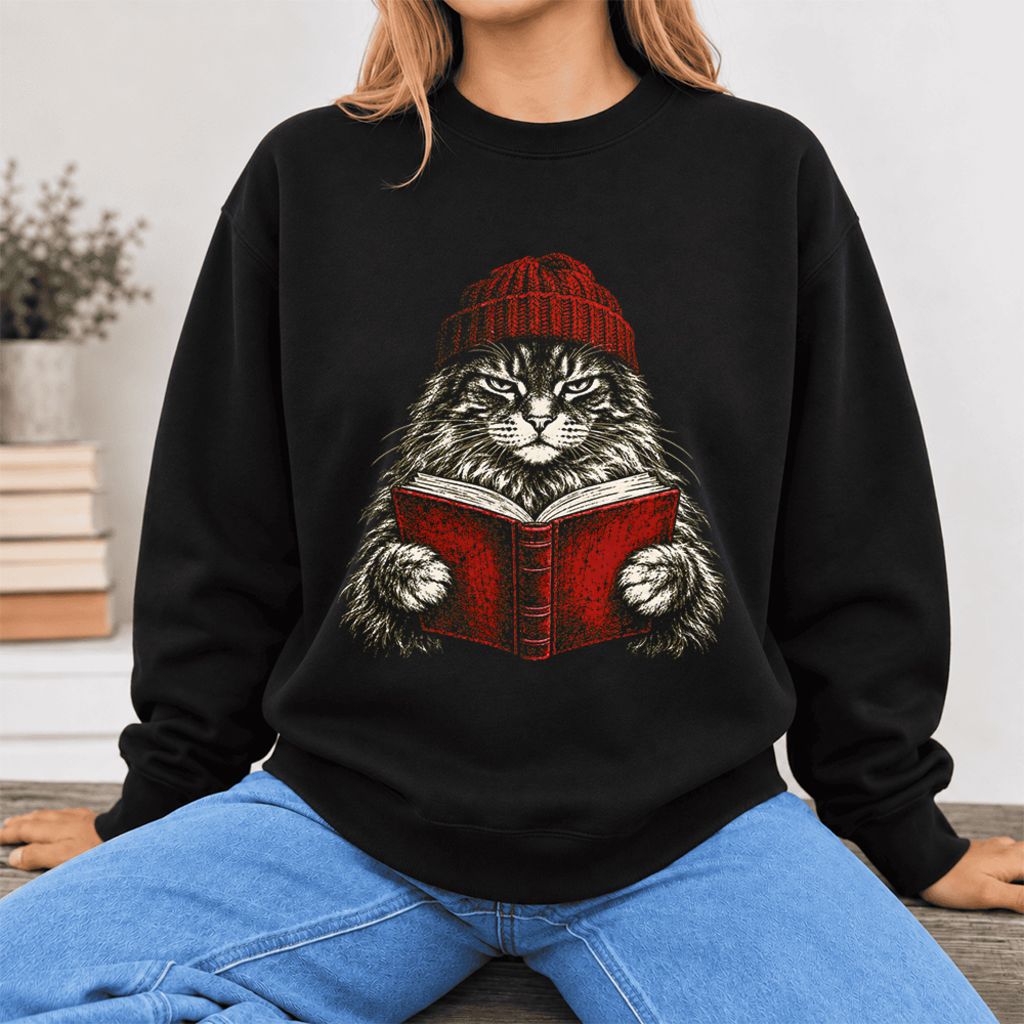 Vintage Reading Cat Maine Coon Softstyle Sweatshirt | Christmas Book Lover Gift Black