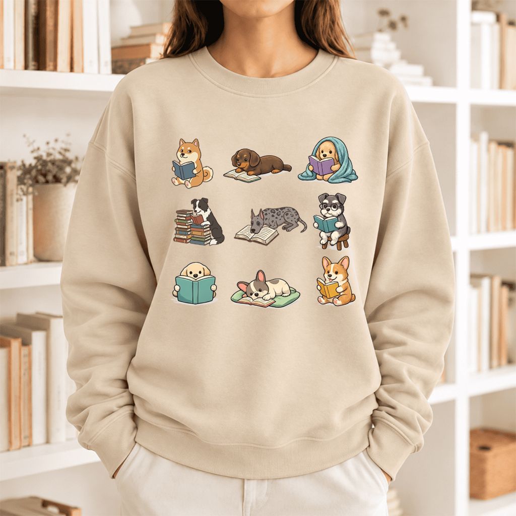 Funny Reading Dogs Embroidered Sweatshirt | Dog Mom Reader Gift Sand