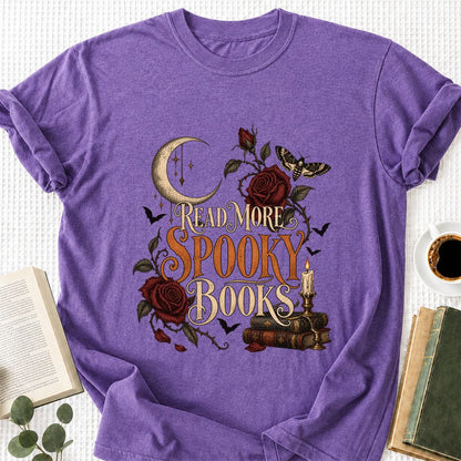 Read More Spooky Books Printed T-Shirt | Halloween Book Lover Gift Heather Purple