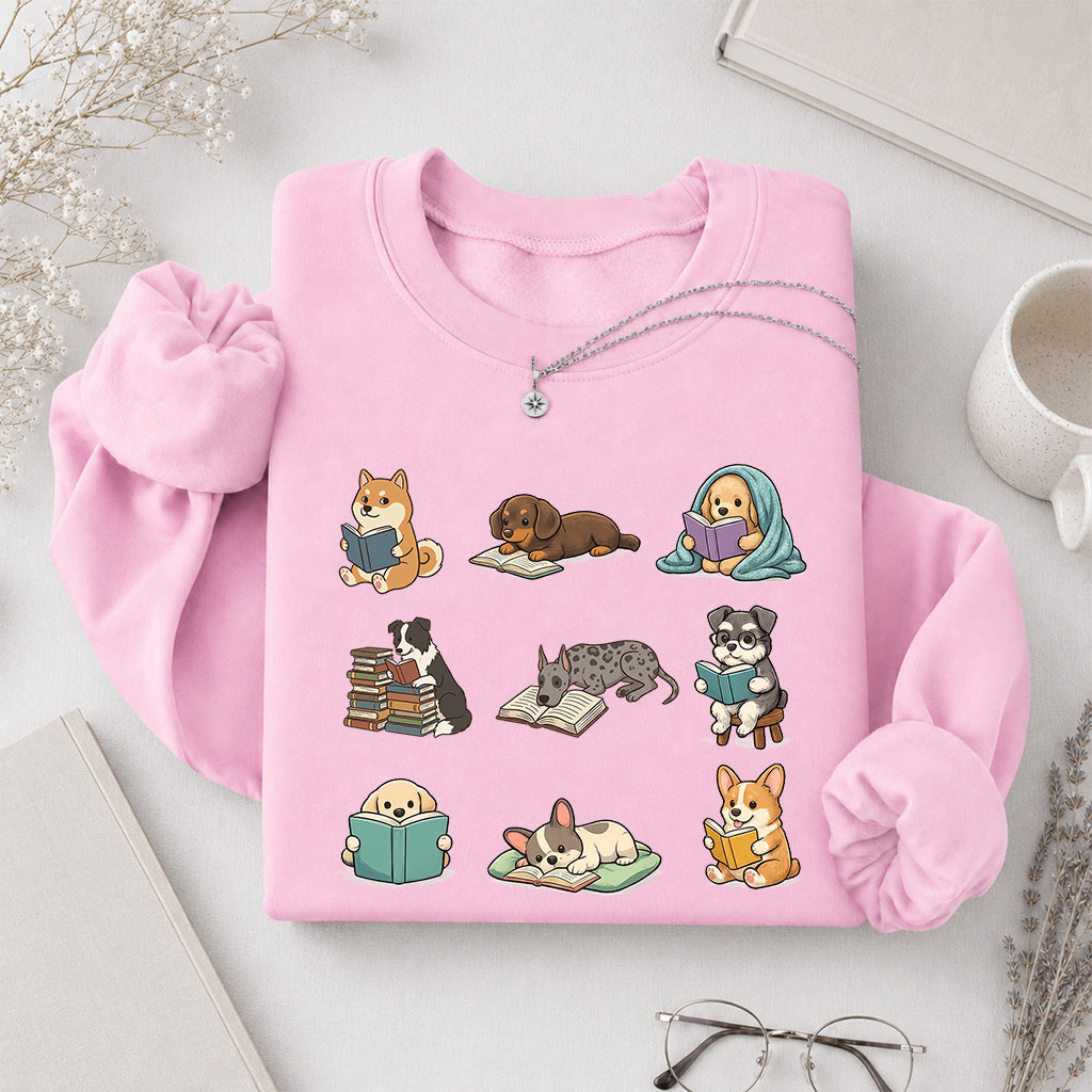 Funny Dogs Reading Crewneck Sweatshirt | Reader Gift Light Pink