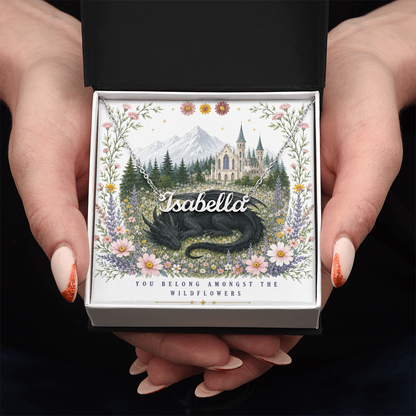 You Belong Amongst The Wildflowers Decorative Card And Custom Name Polished Stainless Steel Necklace With Box Book Lover Gift Font 1
