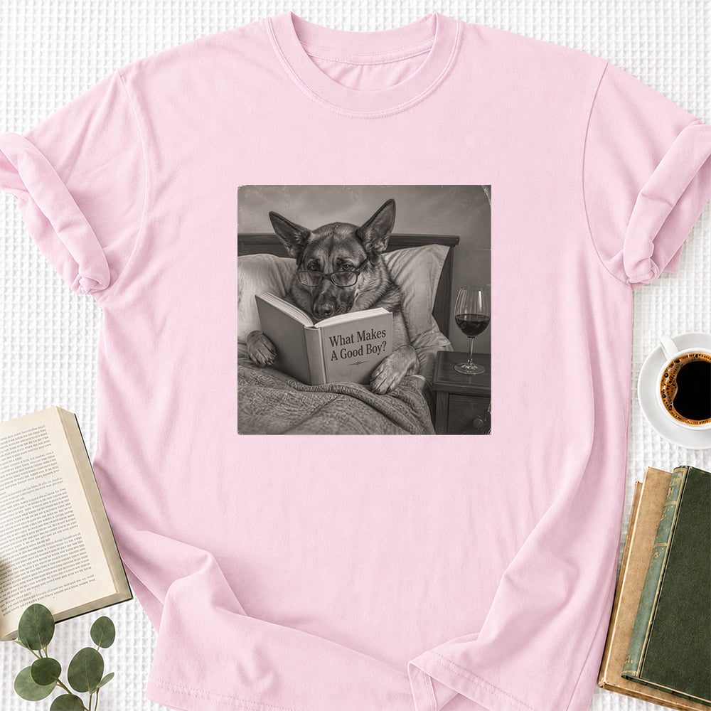 What Makes A Good Boy Printed T-Shirt | Cozy German Shepherd Mom Reader Gift Light Pink