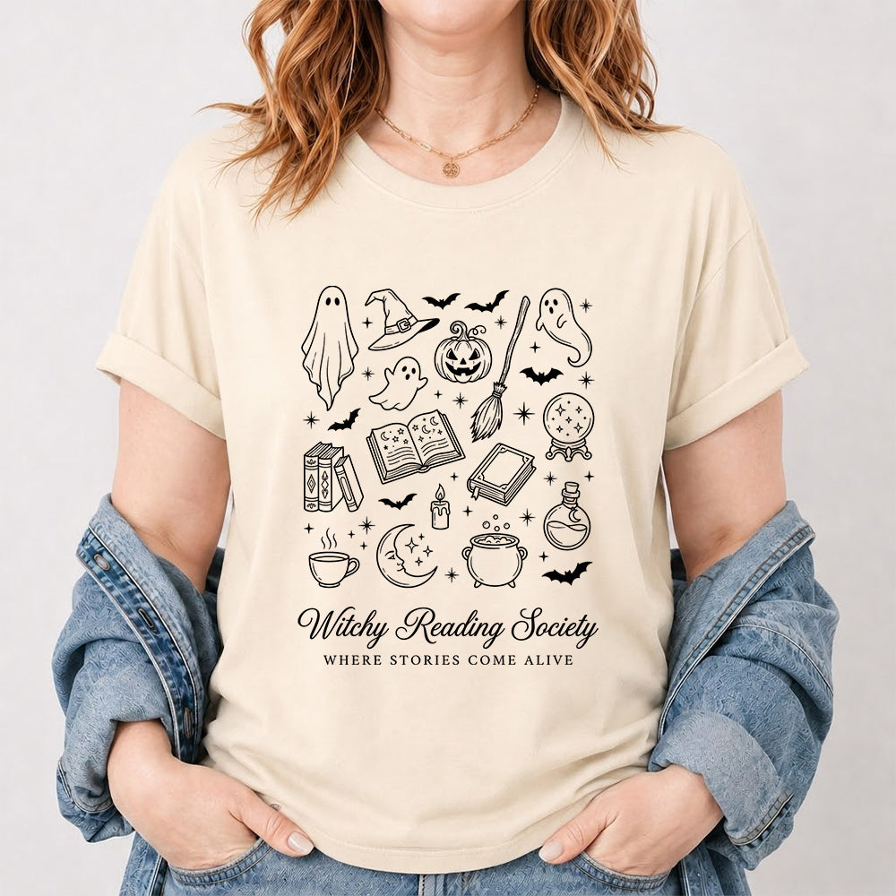 Witchy Reading Society Printed T-Shirt | Halloween Reader Gift Natural