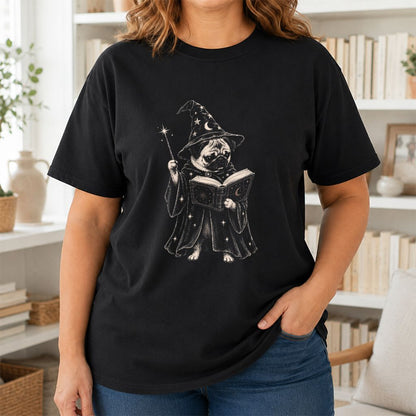 Cute Pug Witch Reading Book Printed T-Shirt | Halloween Book & Dog Lover Gift Black
