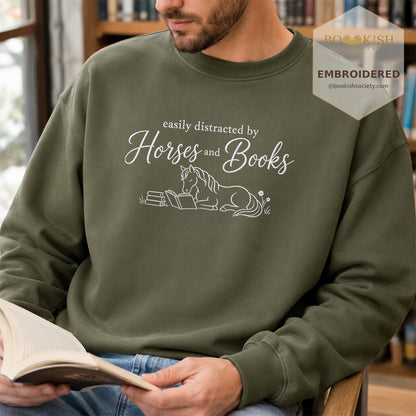 Easily Distracted By Horses And Books Embroidered Sweatshirt | Reader Gift Military Green
