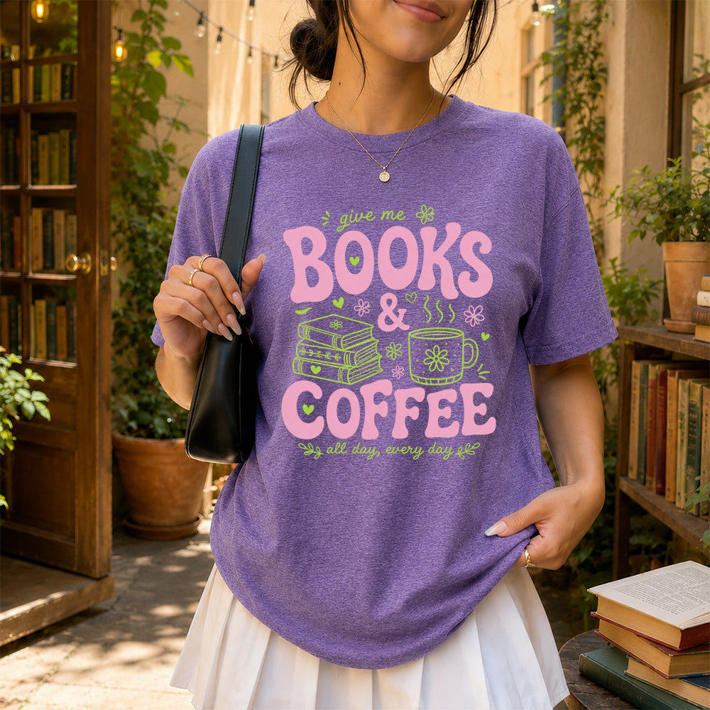 Books and Coffee Softstyle T-Shirt | Book Lover Gift Heather Purple