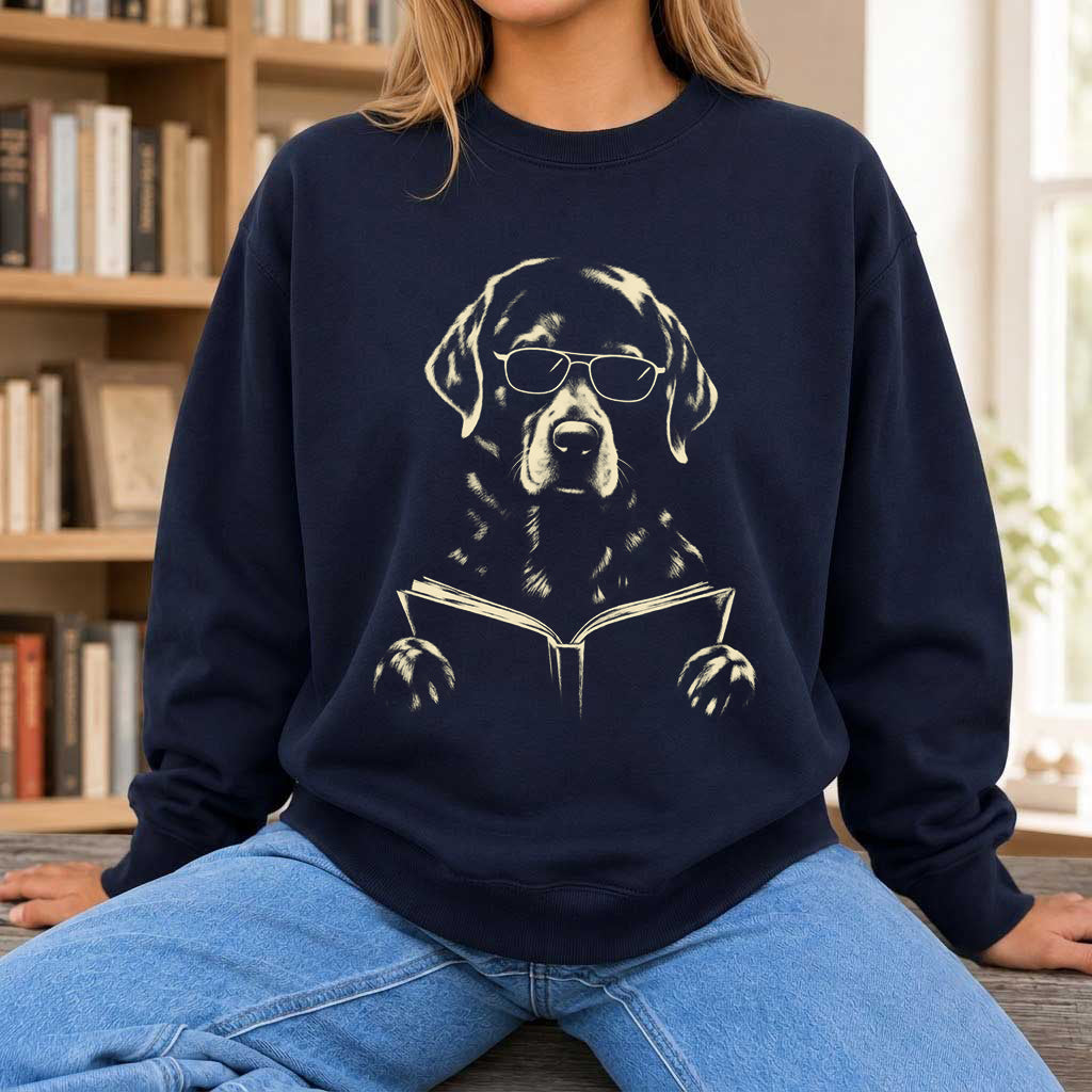 Labrador Retriever Reading Book Crewneck Sweatshirt | Reader Gift Navy