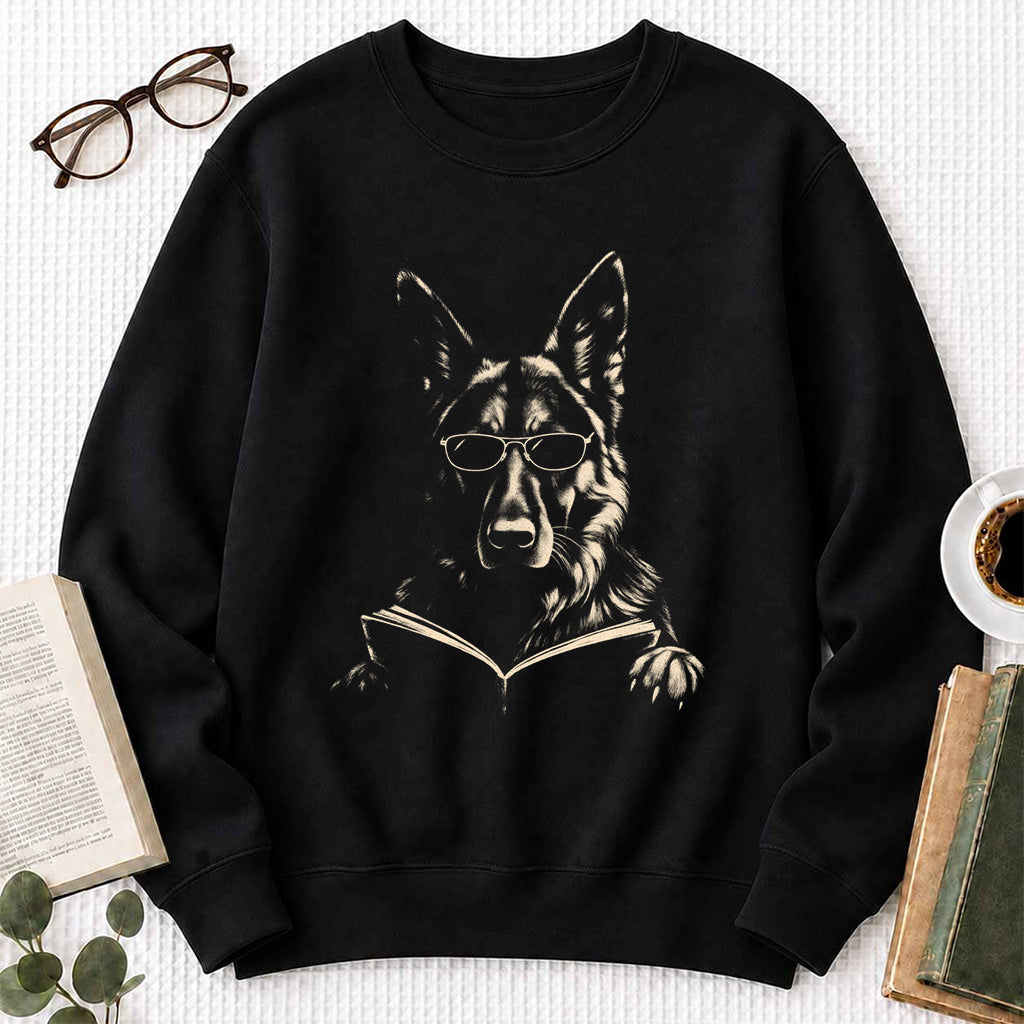 German Shepherd Reading Book Crewneck Sweatshirt | Reader Gift Black