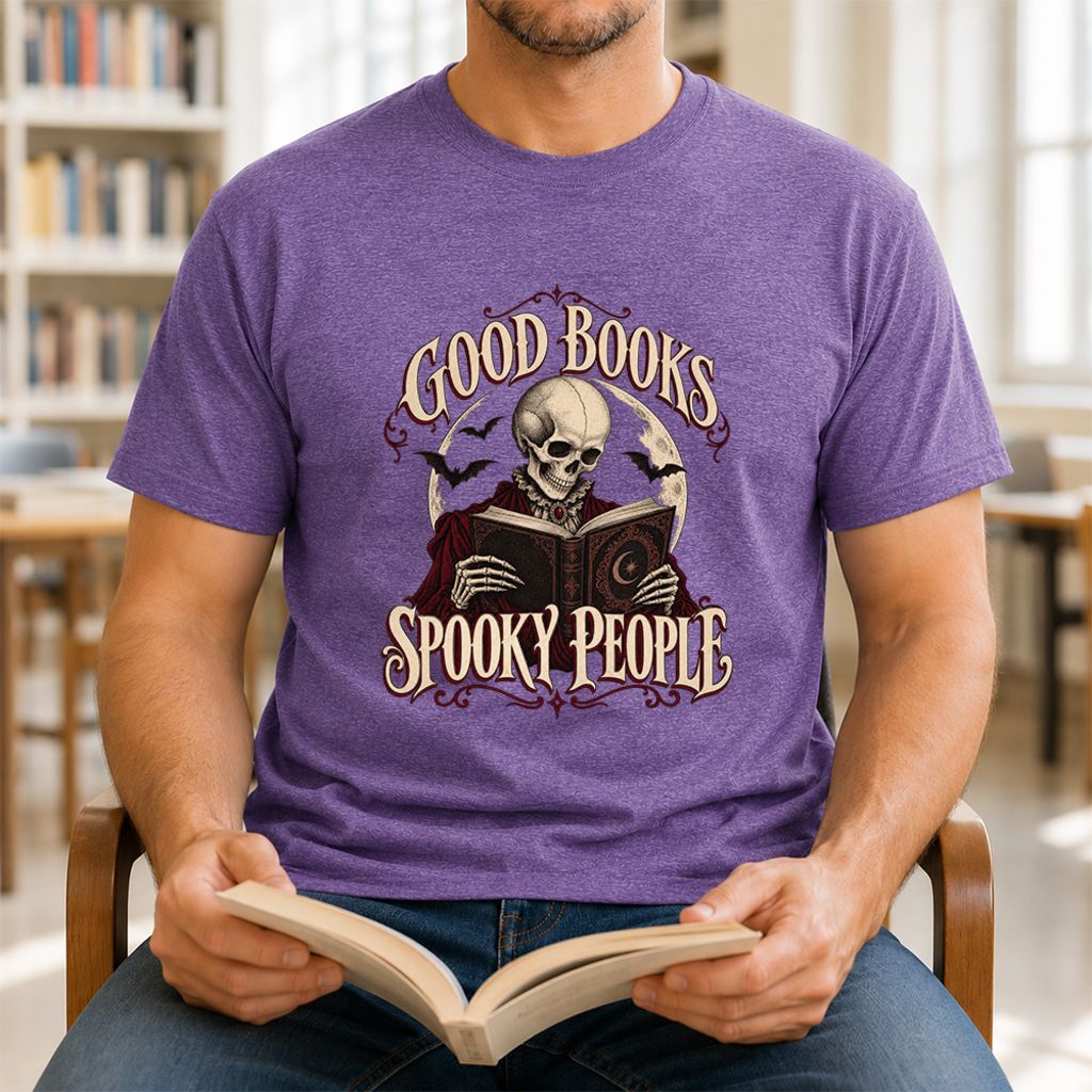 Good Books Spooky People Printed T-Shirt | Halloween Book Lover Gift Heather Purple