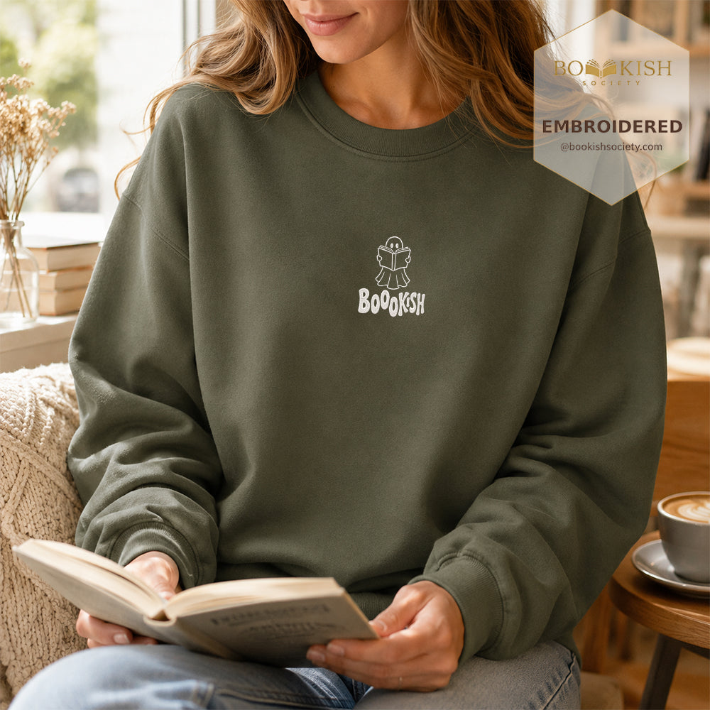 Bookish Ghost Embroidered Sweatshirt | Halloween Book Lover Gift Military Green