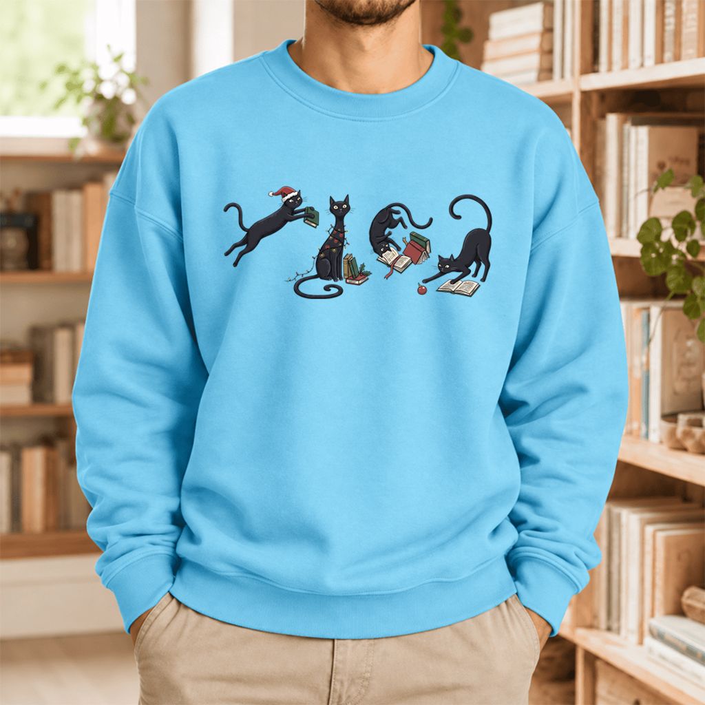 Christmas Reading Cats Softstyle Sweatshirt | Christmas Book Lover Gift Sky