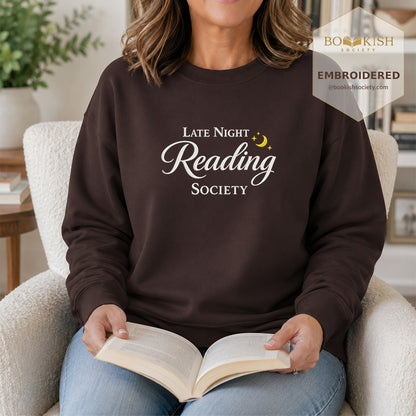 Late Night Reading Society Embroidered Sweatshirt | Reader Gift Dark Chocolate