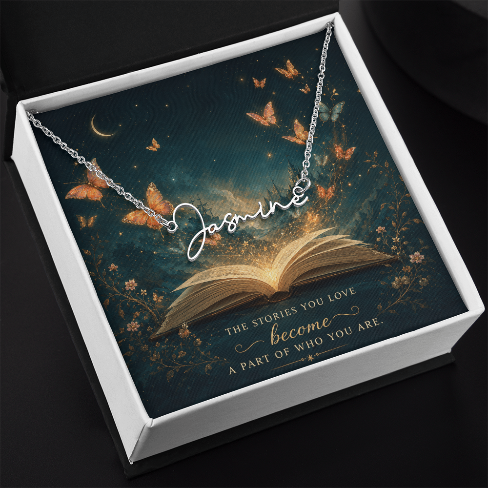 The Stories You Love Decorative Card And Custom Name Polished Stainless Steel Necklace With Box Book Lover Gift Font 2