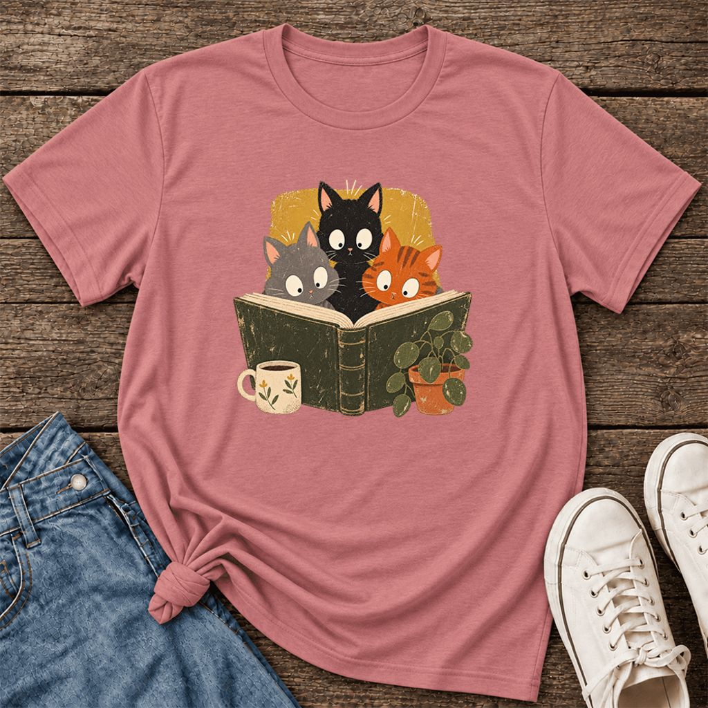Curious Reading Cats Ultra-Soft Cotton T-Shirt | Cat Lover Reader Gift Mauve