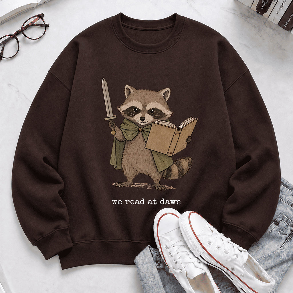 Raccoon We Read At Dawn Crewneck Sweatshirt | Reader Gift Dark Chocolate