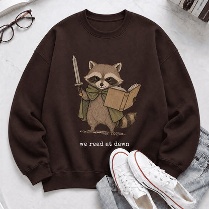Raccoon We Read At Dawn Crewneck Sweatshirt | Reader Gift Dark Chocolate