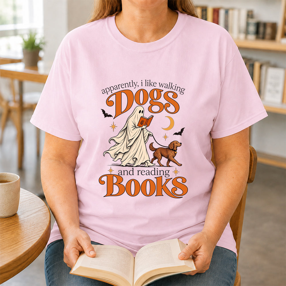 Apparently I Like Walking Dogs And Reading Books Printed T-Shirt | Halloween Dog Lover Reader Gift Light Pink