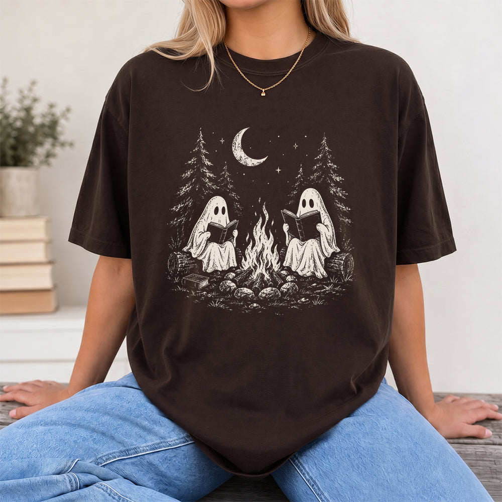 Camping Reading Ghosts Printed T-Shirt | Spooky Book Lover Gift Dark Chocolate