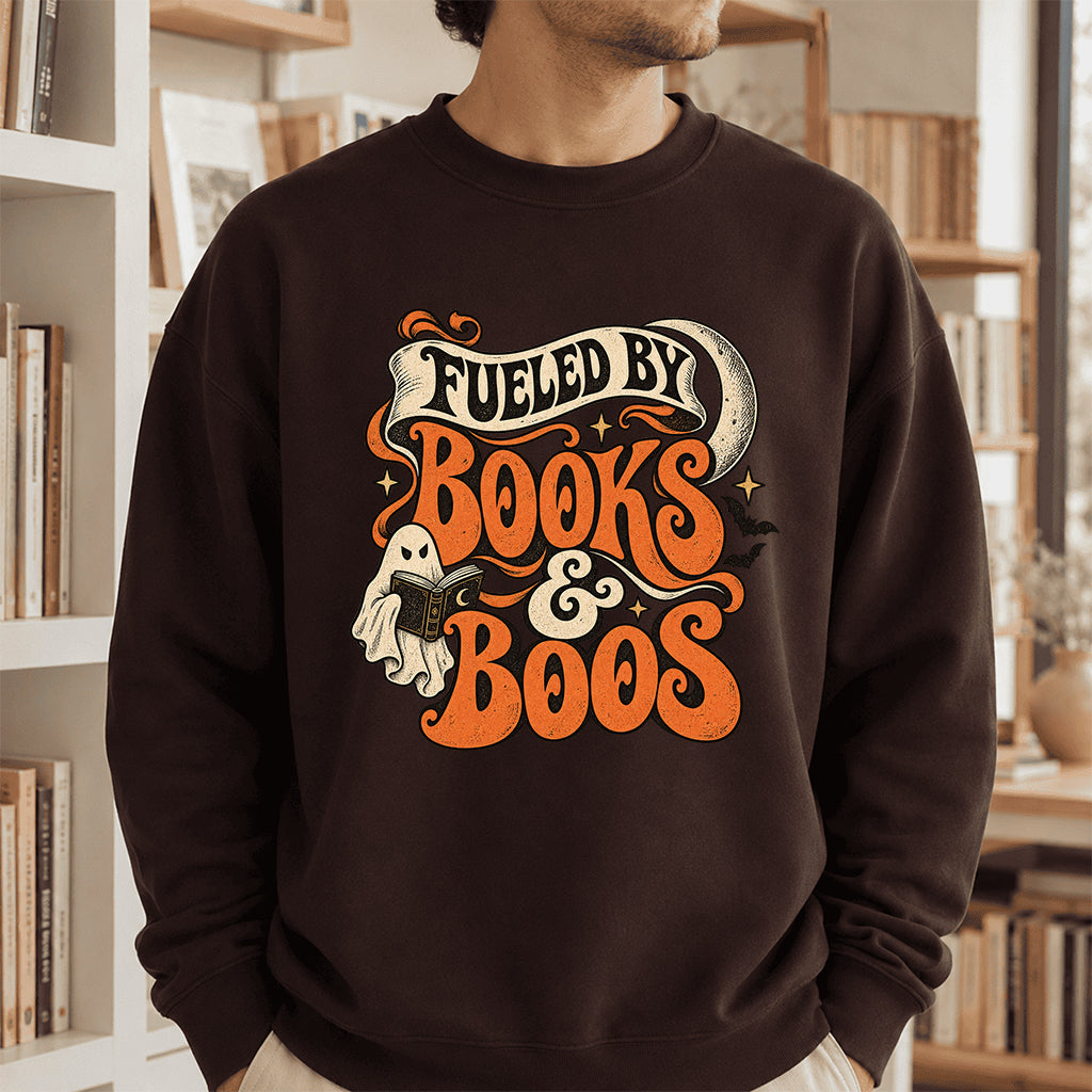 Fueled By Books & Boos Printed Sweatshirt | Halloween Book Lover Gift Dark Chocolate