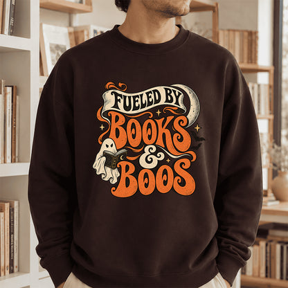 Fueled By Books & Boos Printed Sweatshirt | Halloween Book Lover Gift Dark Chocolate