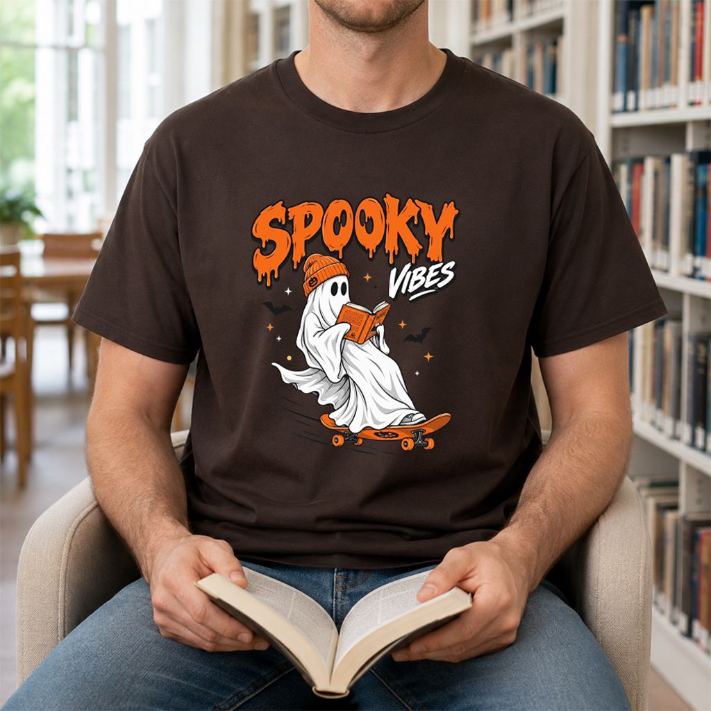 Spooky Vibes Printed T-Shirt | Halloween Book Lover Gift Dark Chocolate