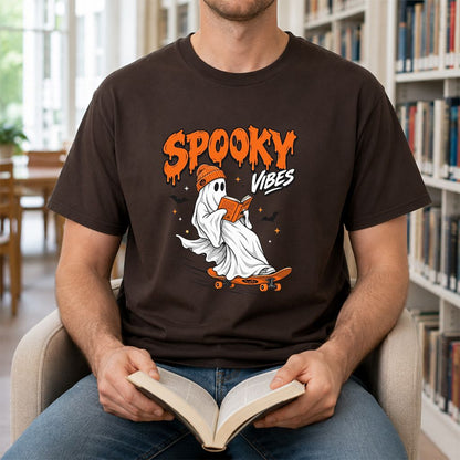 Spooky Vibes Printed T-Shirt | Halloween Book Lover Gift Dark Chocolate