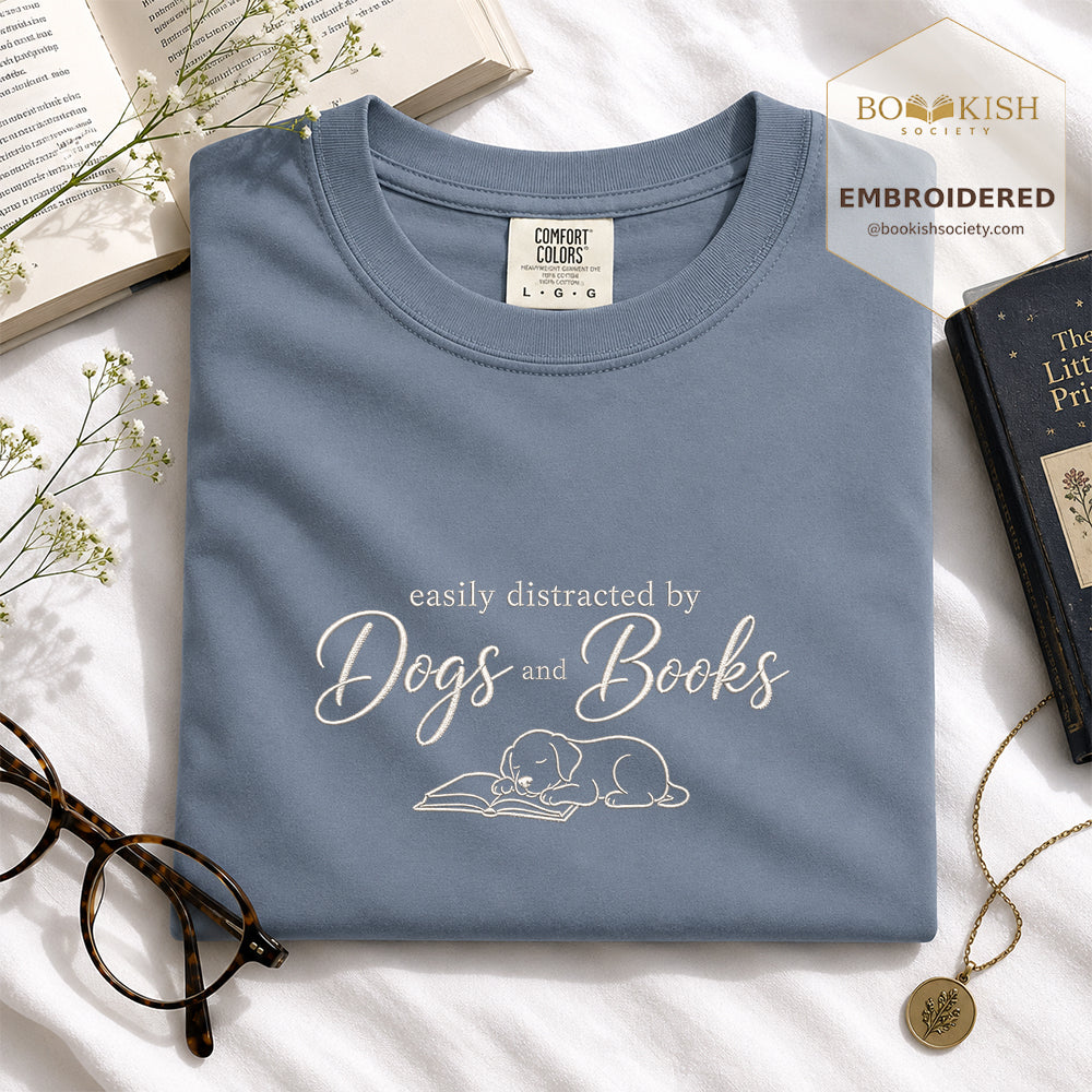 Easily Distracted By Dogs And Books Embroidered Comfort Color® T-shirt | Book Lover Gift Blue Jean