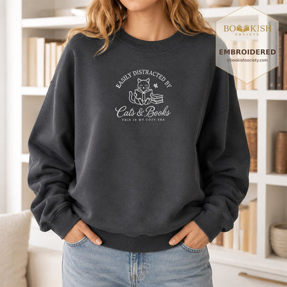 Easily Distracted By Cats And Books V2 Embroidered Sweatshirt | Reader Gift Dark Heather