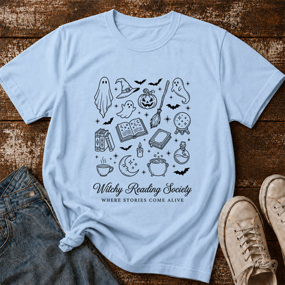 Witchy Reading Society Printed T-Shirt | Halloween Reader Gift Light Blue