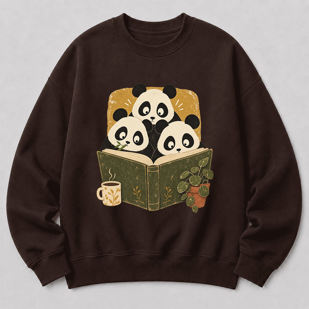 Curious Pandas Reading Crewneck Sweatshirt | Panda Lover & Reader Gift Dark Chocolate