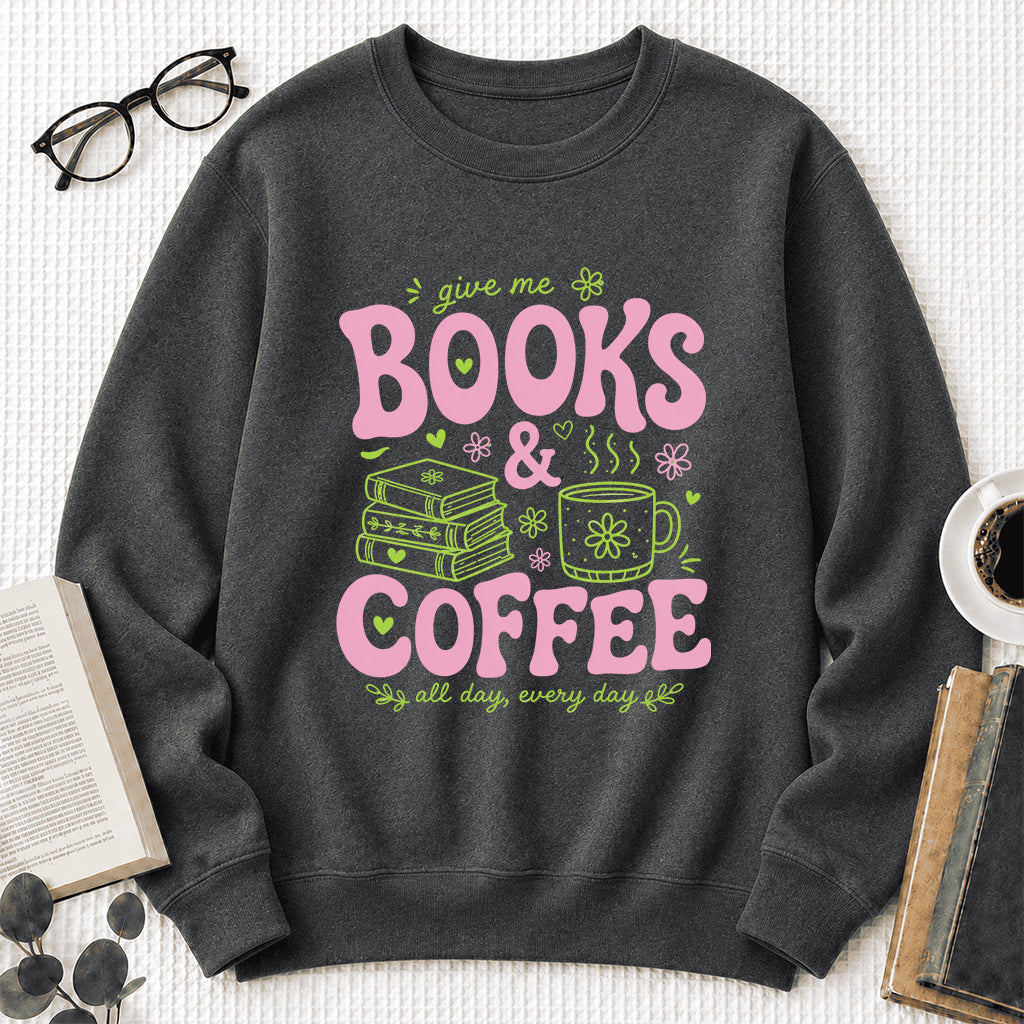 Books and Coffee Crewneck Sweatshirt | Reader Gift Dark Heather