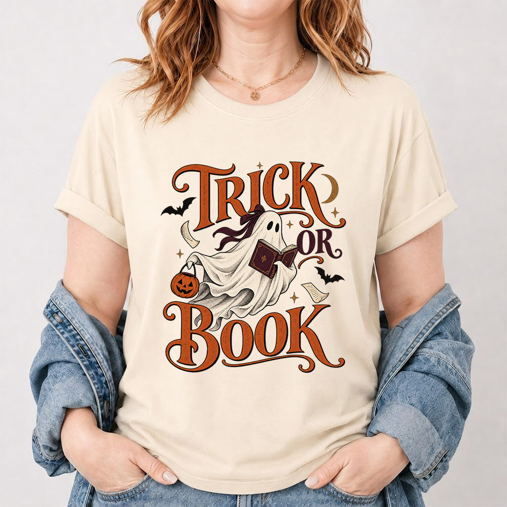 Trick Or Book Ghost Printed T-Shirt | Halloween Book Lover Gift Natural