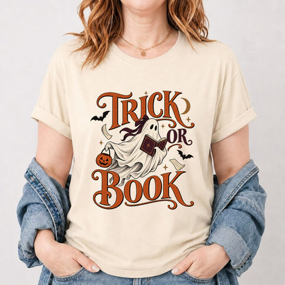 Trick Or Book Ghost Printed T-Shirt | Halloween Book Lover Gift Natural
