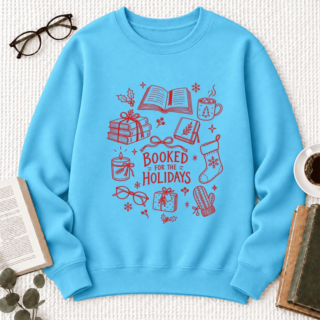 Booked For The Holidays Softstyle Sweatshirt | Christmas Book Lover Gift Sky