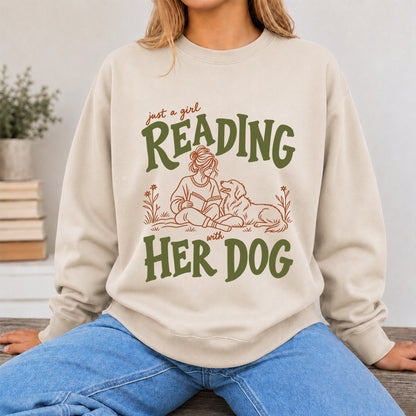 Just A Girl Reading With Her Dog Crewneck Sweatshirt | Reader Gift Sand