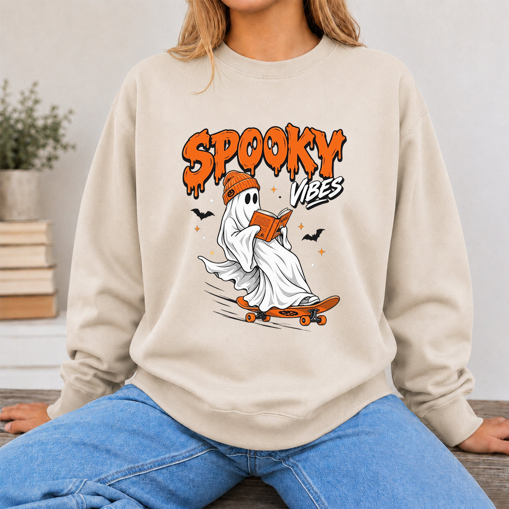 Spooky Vibes Printed Sweatshirt | Halloween Reader Gift Sand