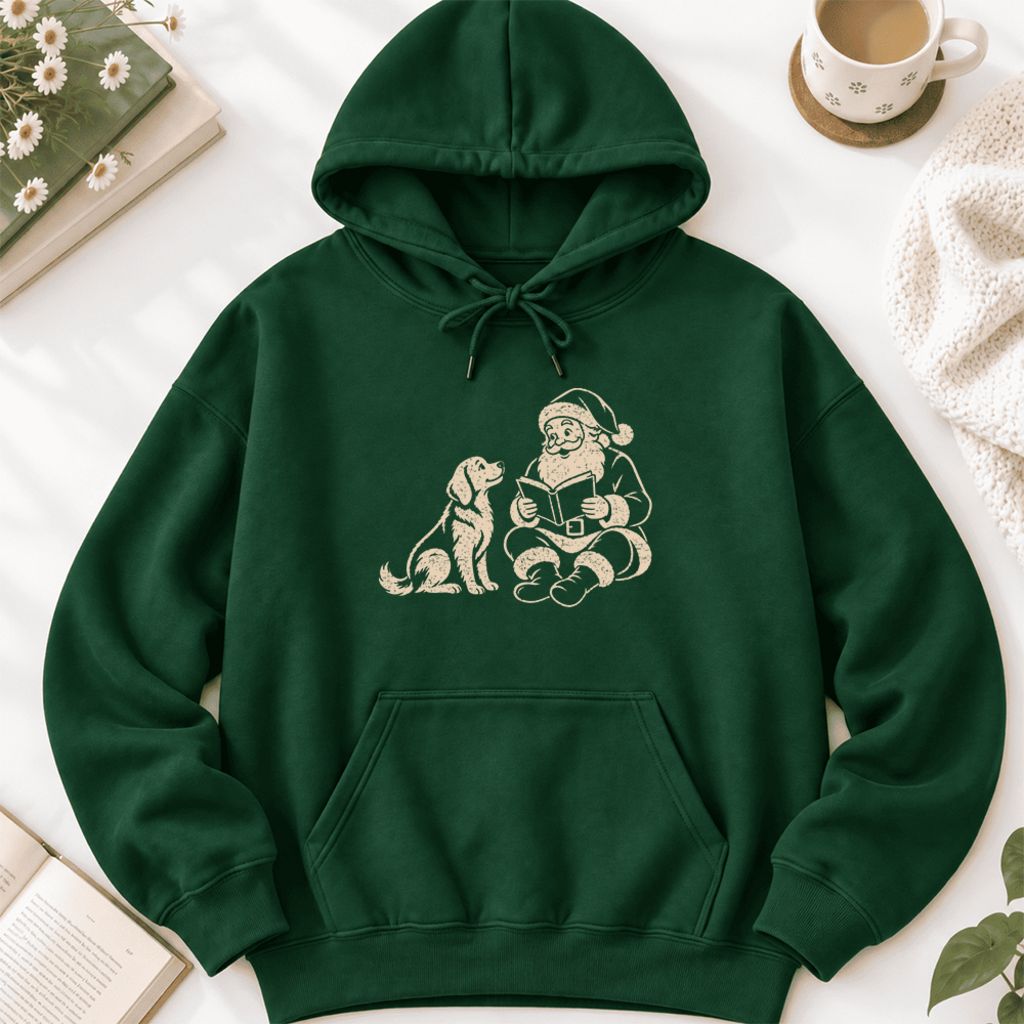 Funny Dog With Santa Christmas Softstyle Hoodie | Christmas Gift For Dog & Book Lover Forest Green