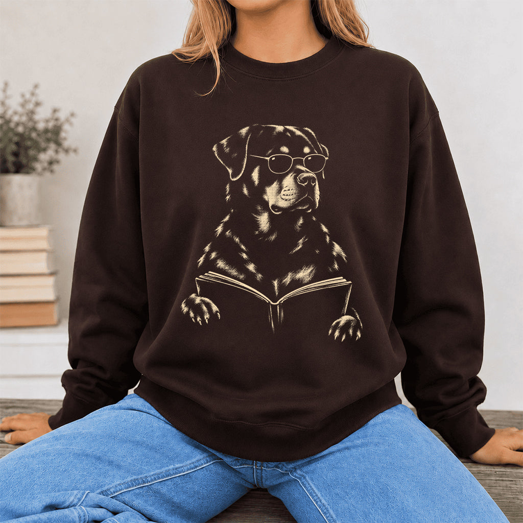 Rottweiler Reading Book Crewneck Sweatshirt | Reader Gift Dark Chocolate