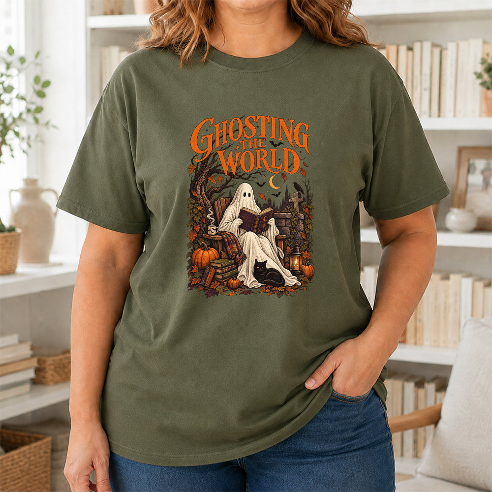 Ghosting The World Cotton T-Shirt | Halloween Book Lover Gift Military Green