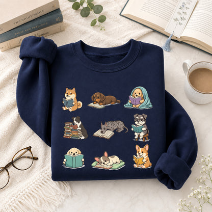 Funny Dogs Reading Crewneck Sweatshirt | Reader Gift Navy