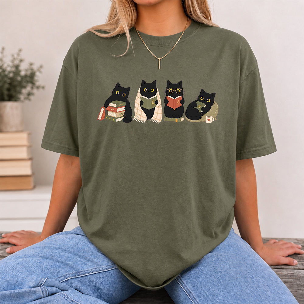 Black Cats Reading Softstyle T-Shirt | Book Lover Gift Military Green
