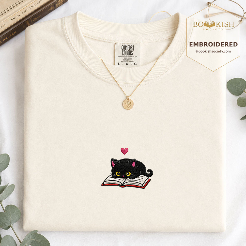 Embroidered Black Cat and Book Comfort Color® T-shirt Book Lover Gift Ivory