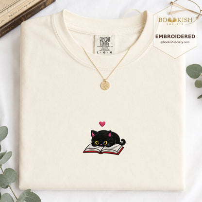 Embroidered Black Cat and Book Comfort Color® T-shirt Book Lover Gift Ivory
