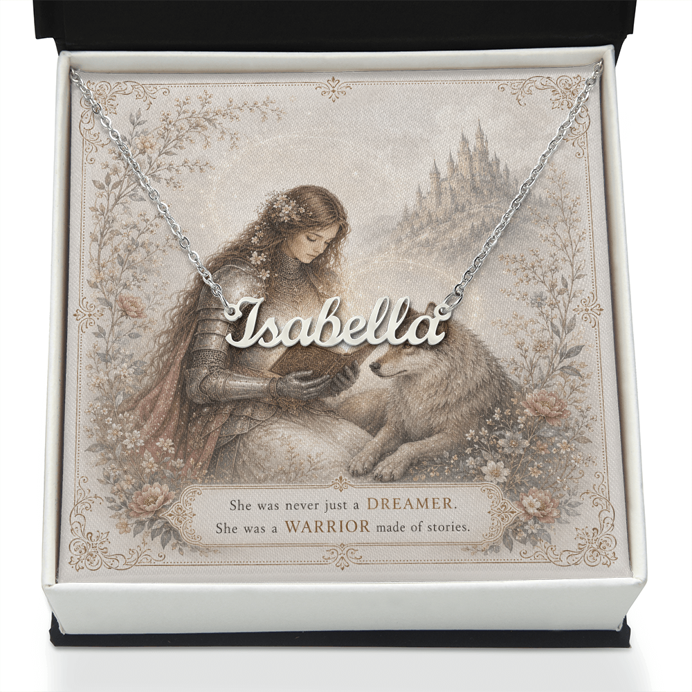 Lady Knight Reading Decorative Card And Custom Name Polished Stainless Steel Necklace With Box Book Lover Gift Font 1