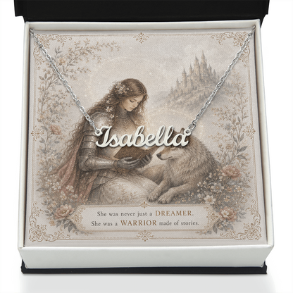 Lady Knight Reading Decorative Card And Custom Name Polished Stainless Steel Necklace With Box Book Lover Gift Font 1