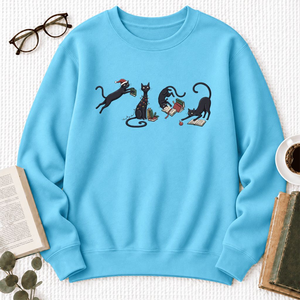 Christmas Reading Cats Softstyle Sweatshirt | Christmas Book Lover Gift Sky
